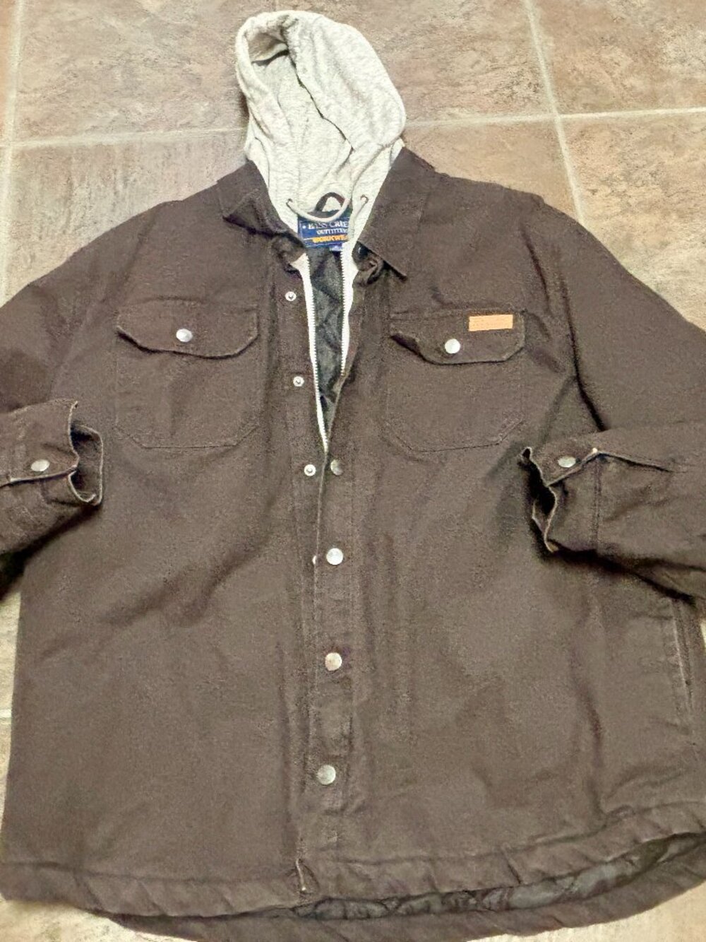 ~~BASS CREEK Men's XL QUILTED Jacket Canvas Full Zip & Snap Hooded Lined  Brown